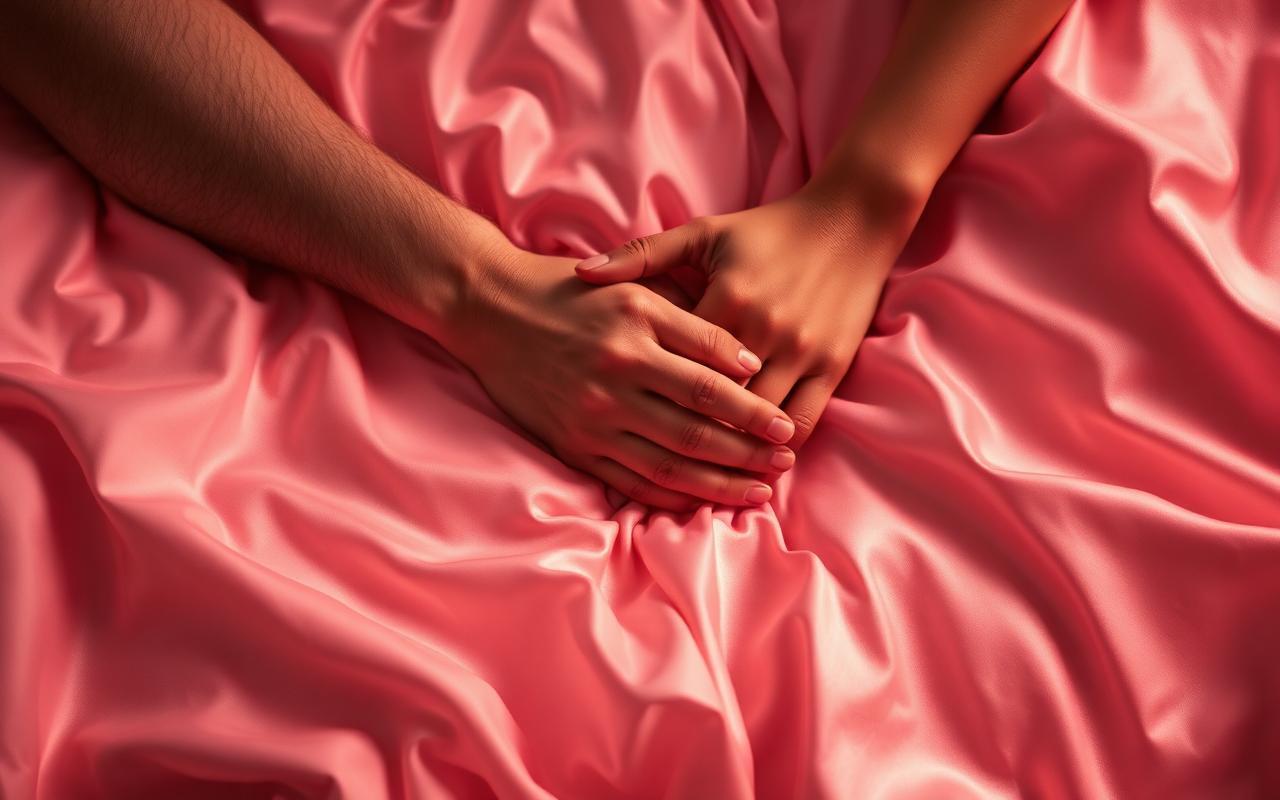 Two partners' hands resting together on silk sheets, representing trust and communication in intimacy